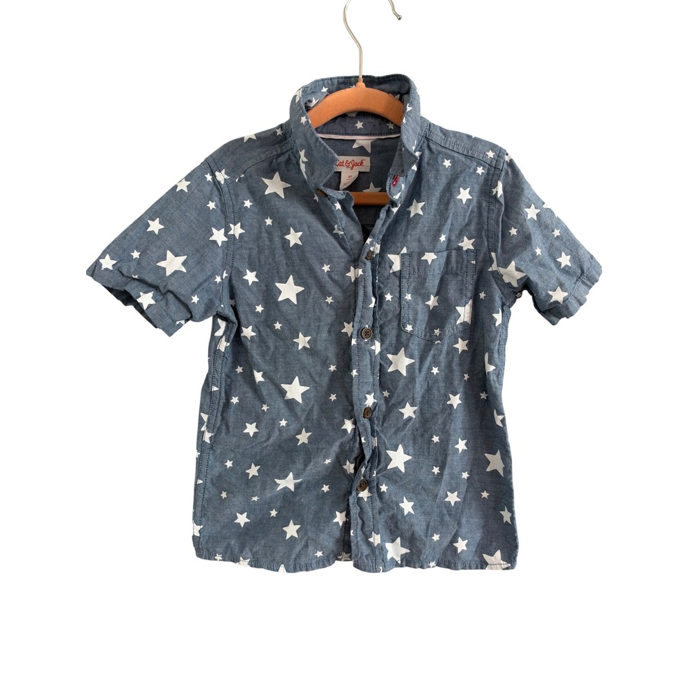 Cat & Jack Button Down Shirt Toddler 5T Blue White Star Print Chambray SS